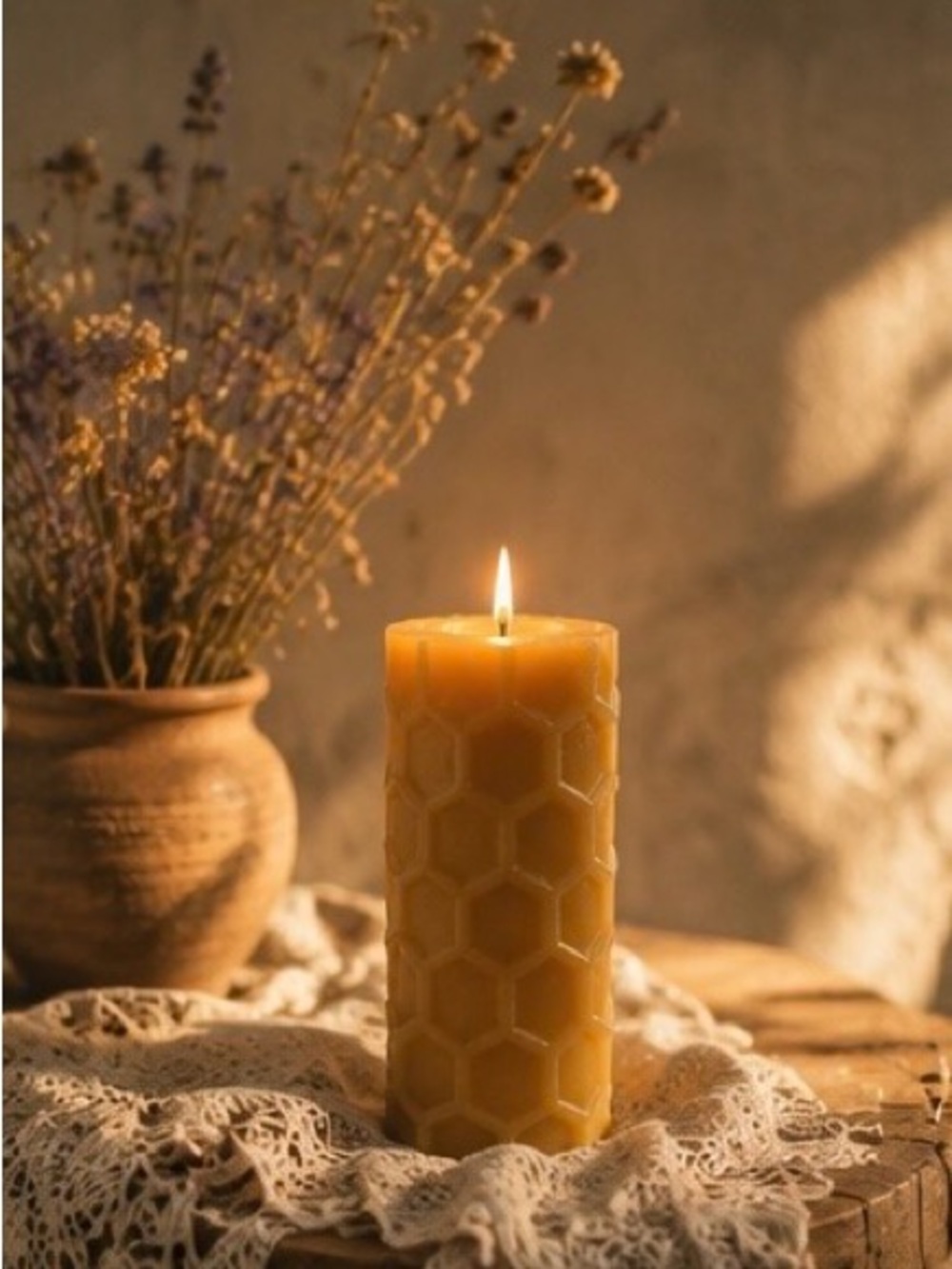 Beeswax Hex Pattern Pillar Candle - Natural Yellow